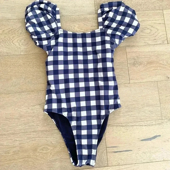 Habitual Kids Gingham Puff Sleeve One Piece Swimsuit Blue Size 14 - Picture 1 of 5